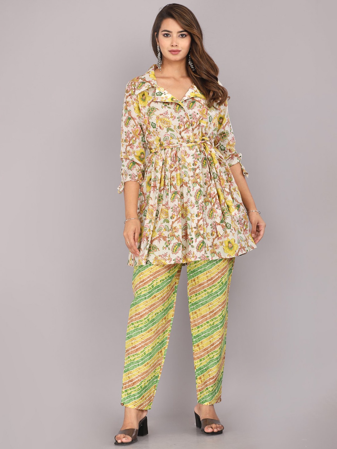 

KALINI Printed Shirt Collar Pure Cotton A-Line Kurta With Trousers, Yellow