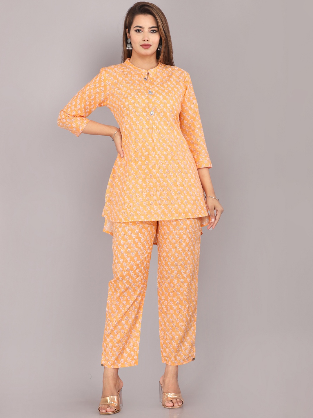 

KALINI Printed Mandarin Collar Pure Cotton Co-Ords Set, Orange