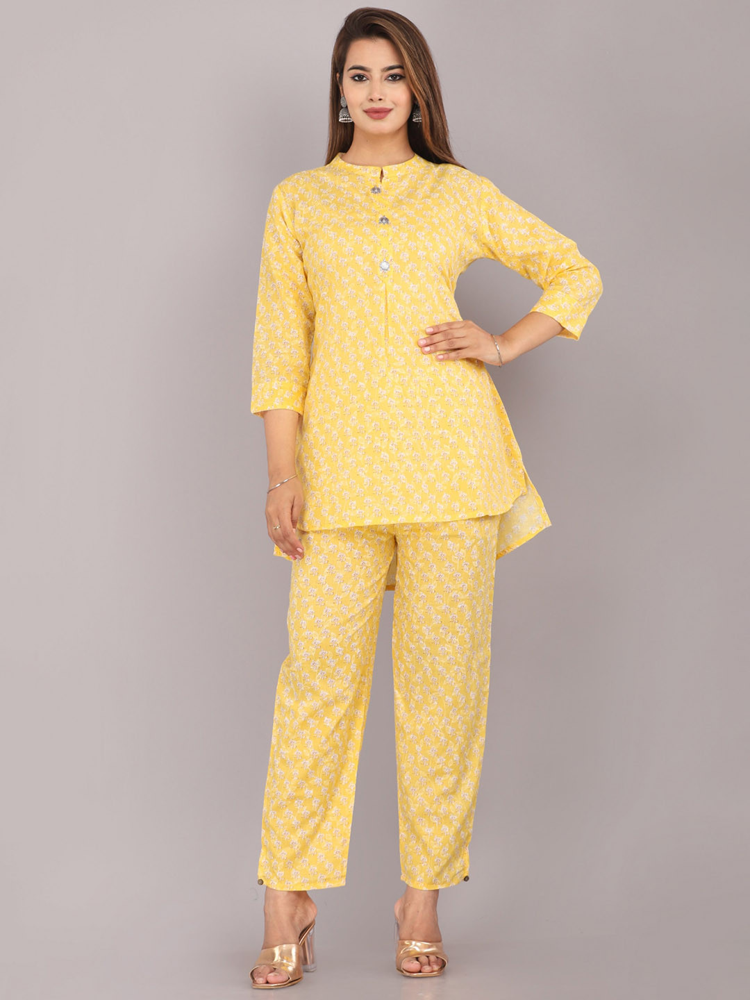 

KALINI Printed Mandarin Collar Pure Cotton Co-Ords Set, Yellow