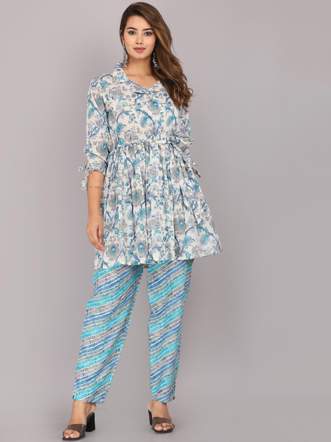 

KALINI Printed Shirt Collar Pure Cotton A-Line Kurta With Trousers, Blue