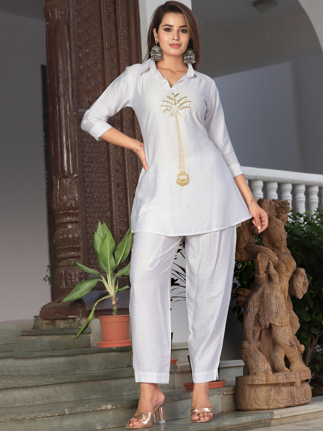 

KALINI Embroidered Shirt Collar Top & Trousers Co-Ords, White
