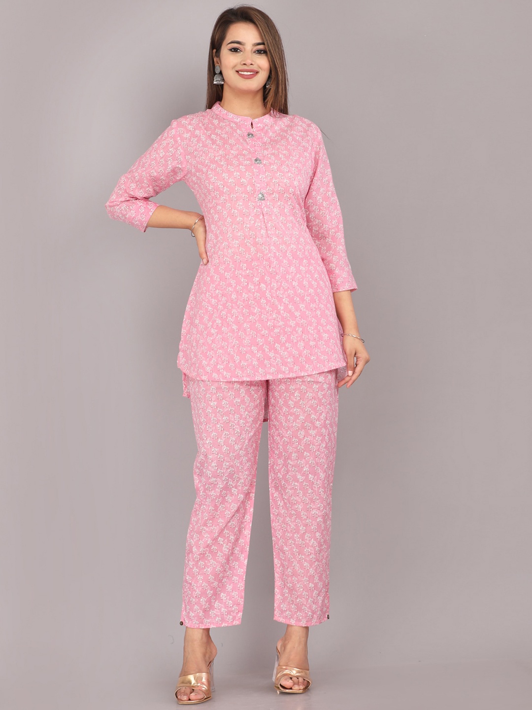 

KALINI Floral Printed Cotton Kurti & Trousers Set, Pink