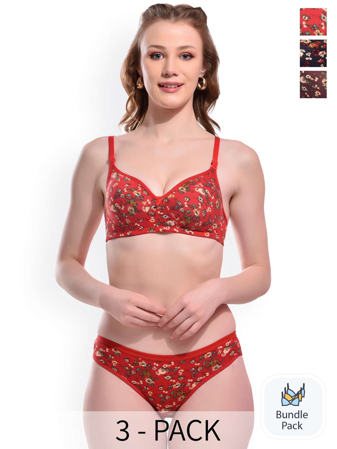 

SGC SWEDEN Pack Of 3 Printed Lingerie Set, Brown