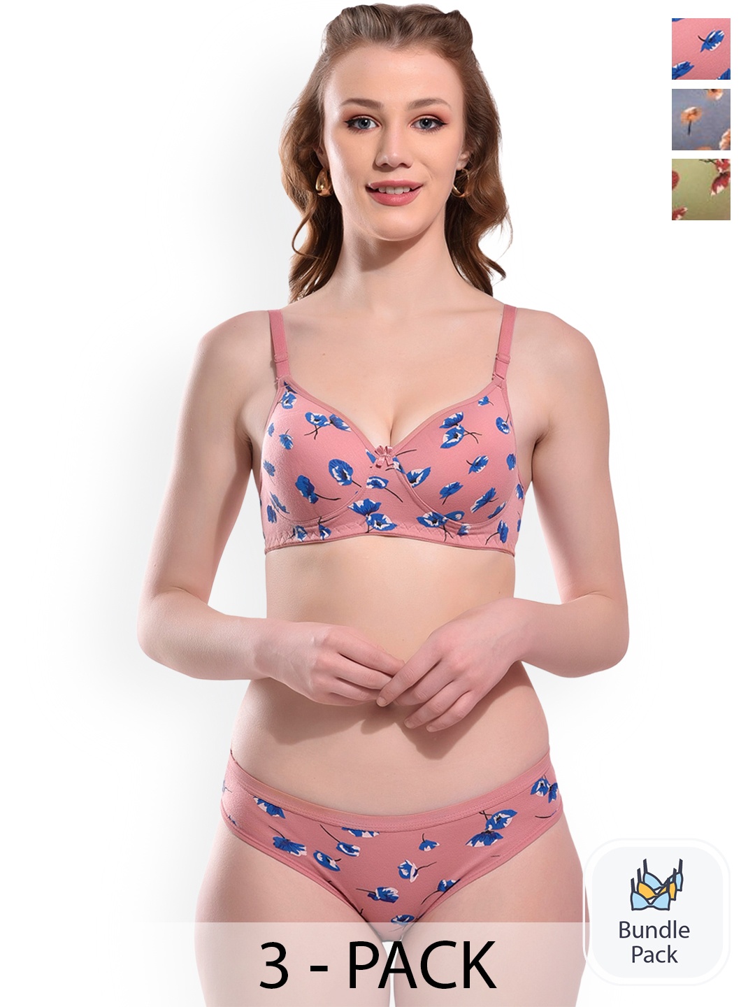

SGC SWEDEN Pack Of 3 Printed Lingerie Set, Pink
