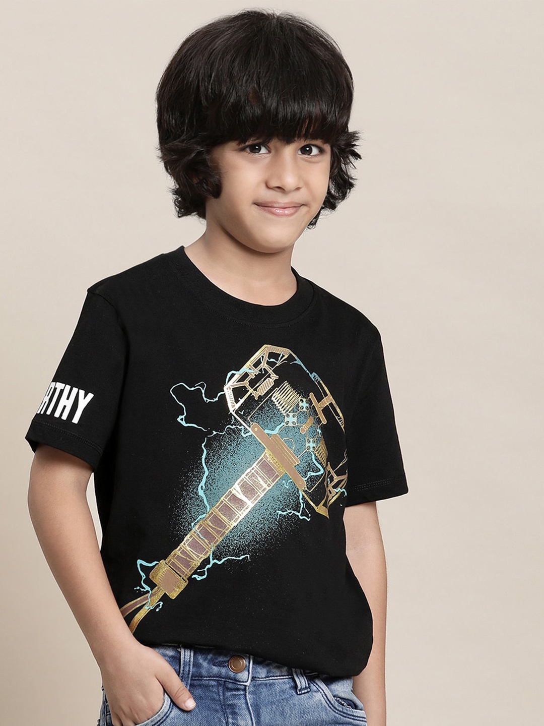 

Kids Ville Boys Thor Printed Pure Cotton T-Shirt, Black