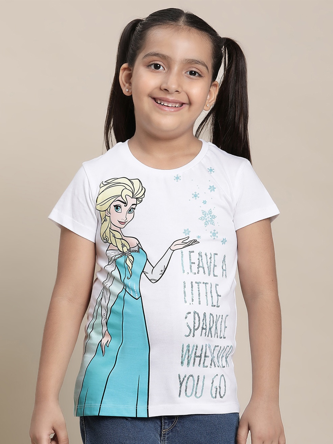 

Kids Ville Gorls Frozen Printed Sequinned Pure Cotton T-Shirt, White