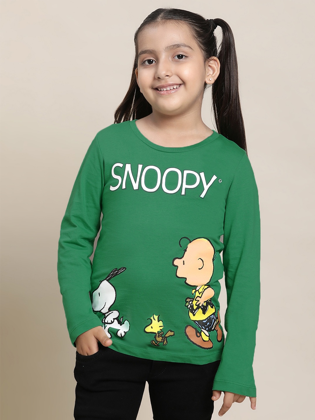 

Kids Ville Snoopy Girls Peanuts Printed Pure Cotton T-Shirt, Green