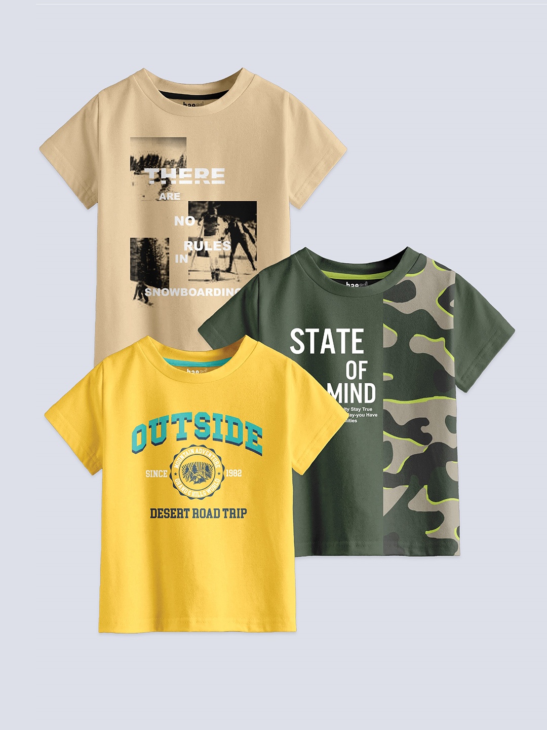 BAESD Kids Pack Of 3 Typography Printed Cotton T-shirt, Beige