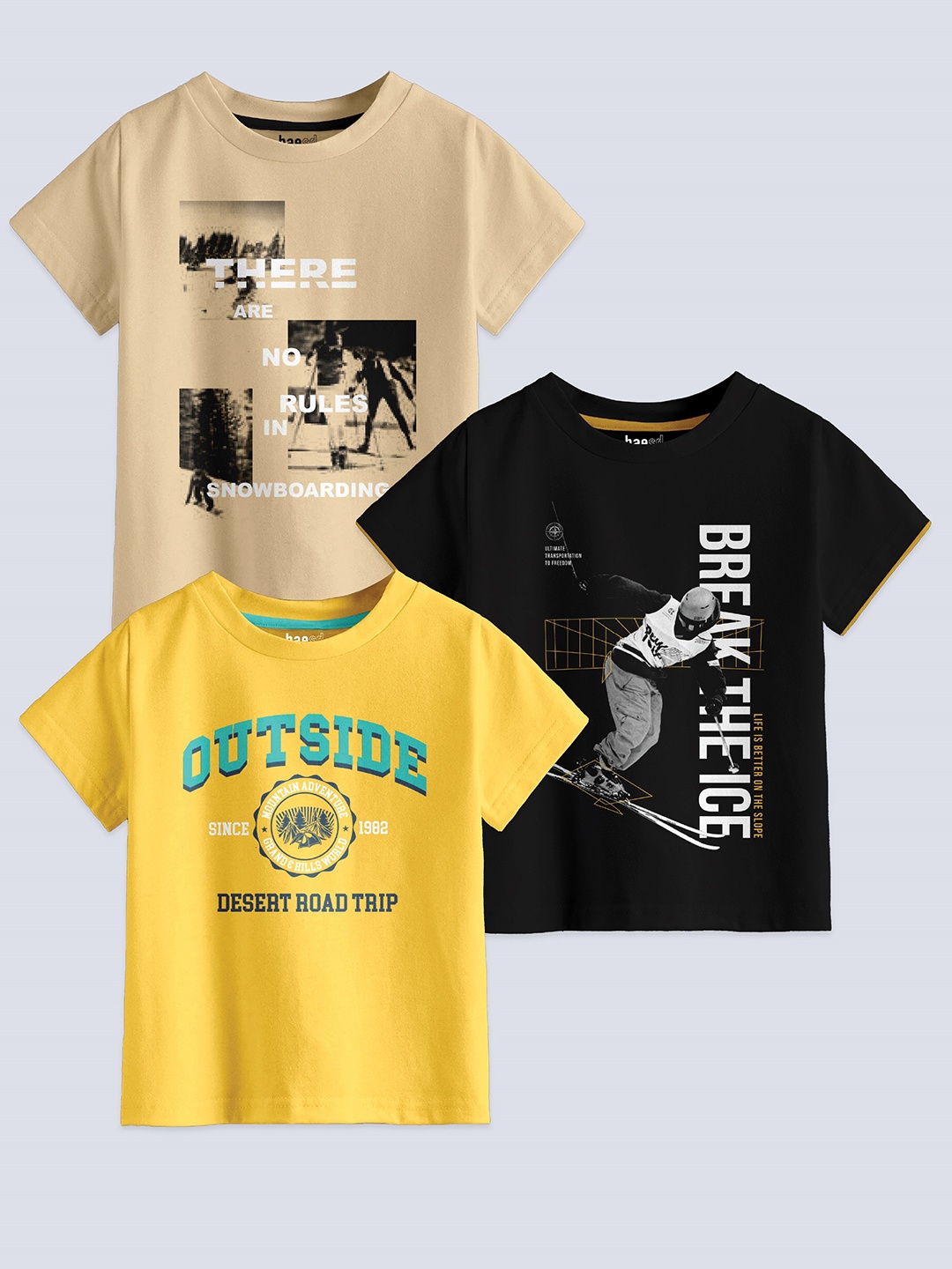 

BAESD Boys Pack Of 3 Typography Printed Pure Cotton T-shirts, Beige