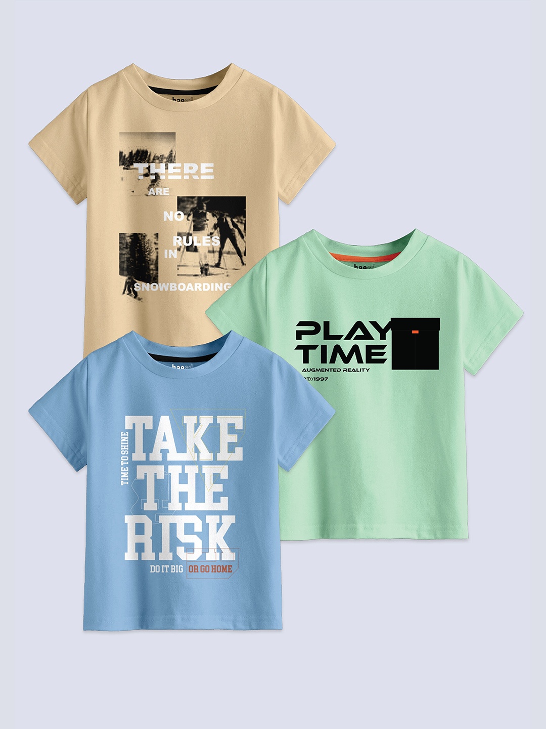 

BAESD Boys Pack Of 3 Typography Printed Pure Cotton T-shirts, Beige