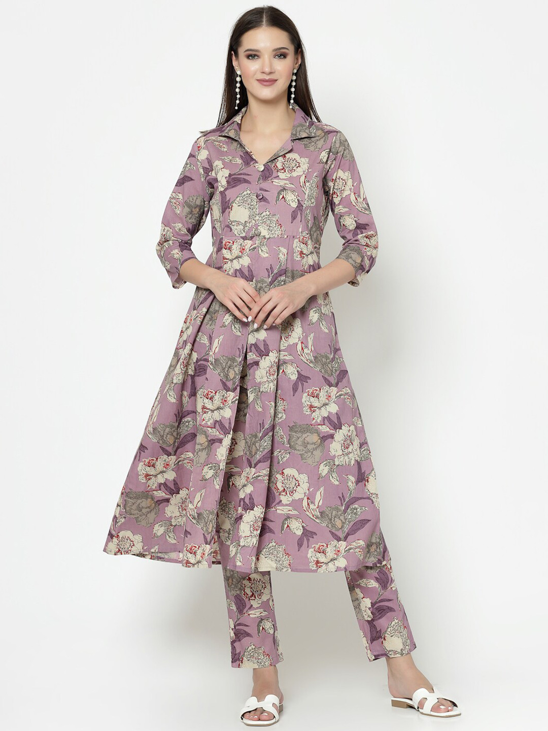 

KALINI Floral Printed Regular Pure Cotton Kurta With Trousers, Purple