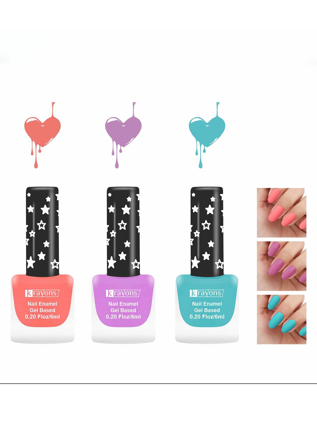 

krayons Set Of 3 Gel Based Matte Finish Nail Enamel - Blossom Peach+Plum+Cyan Matte