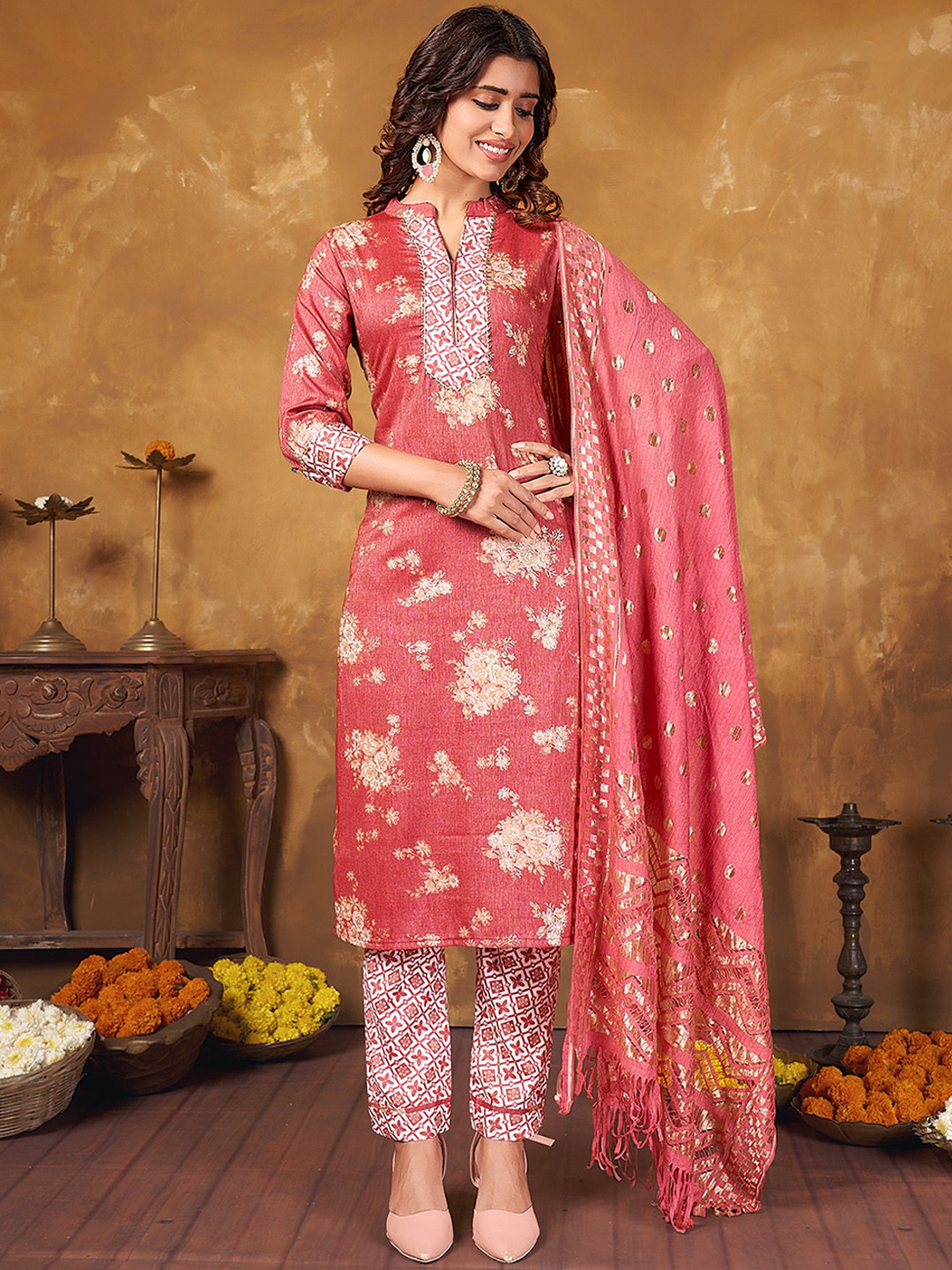

Anubhutee Floral Printed Mandarin Collar Regular Gotta Patti Kurta With Trousers & Dupatta, Pink
