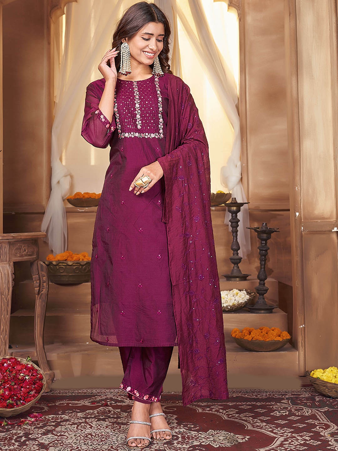 

Anubhutee Ethnic Motifs Embroidered Regular Sequinned Kurta With Trousers & Dupatta, Purple