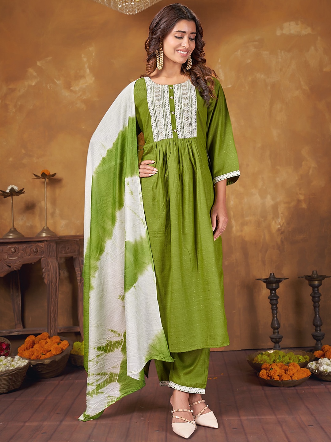 

Anubhutee Ethnic Motifs Embroidered Pleated Kurta With Trousers & Dupatta, Green