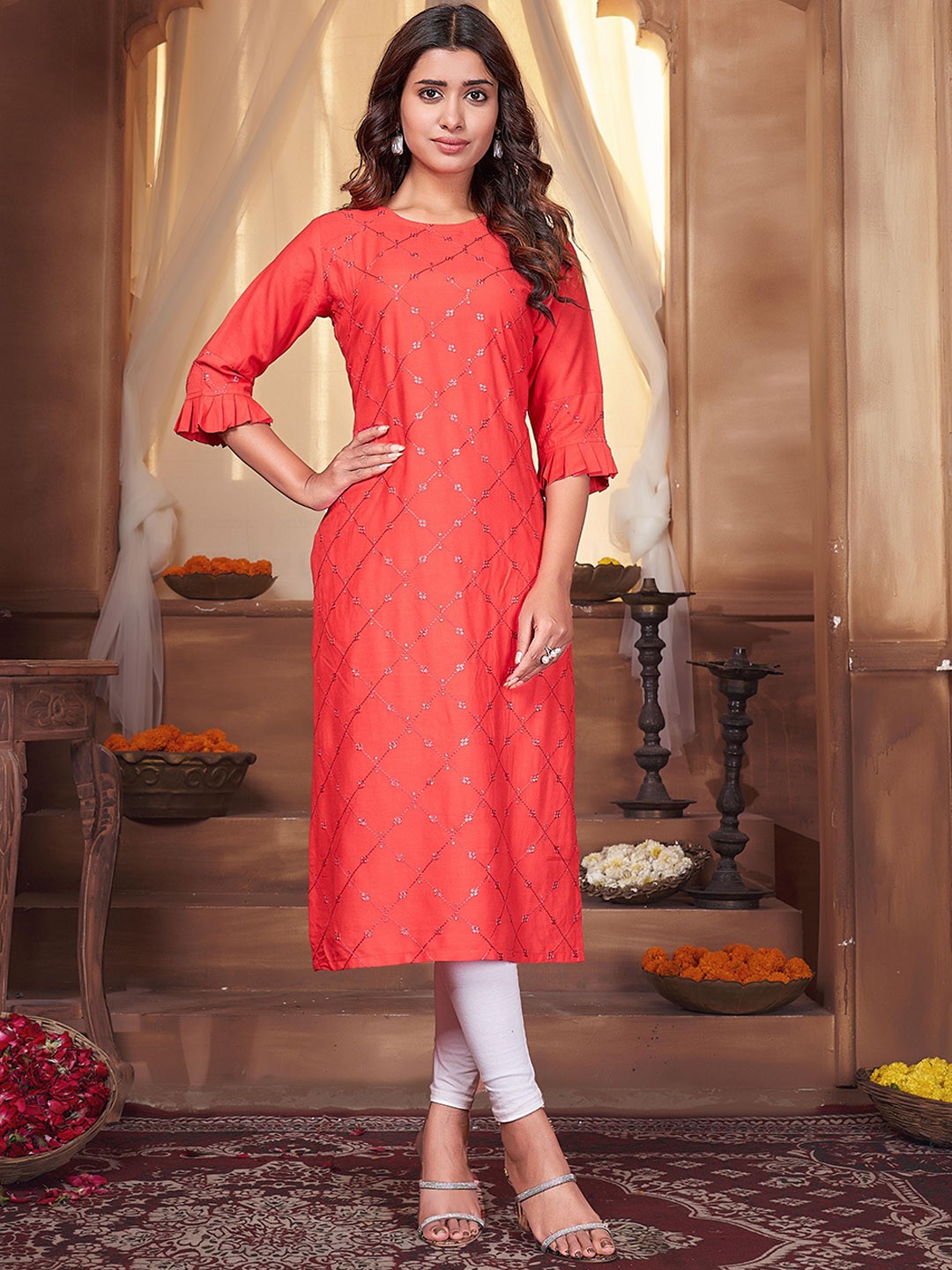 

Anubhutee Checked Embellished Sequinned Straight Kurta, Pink