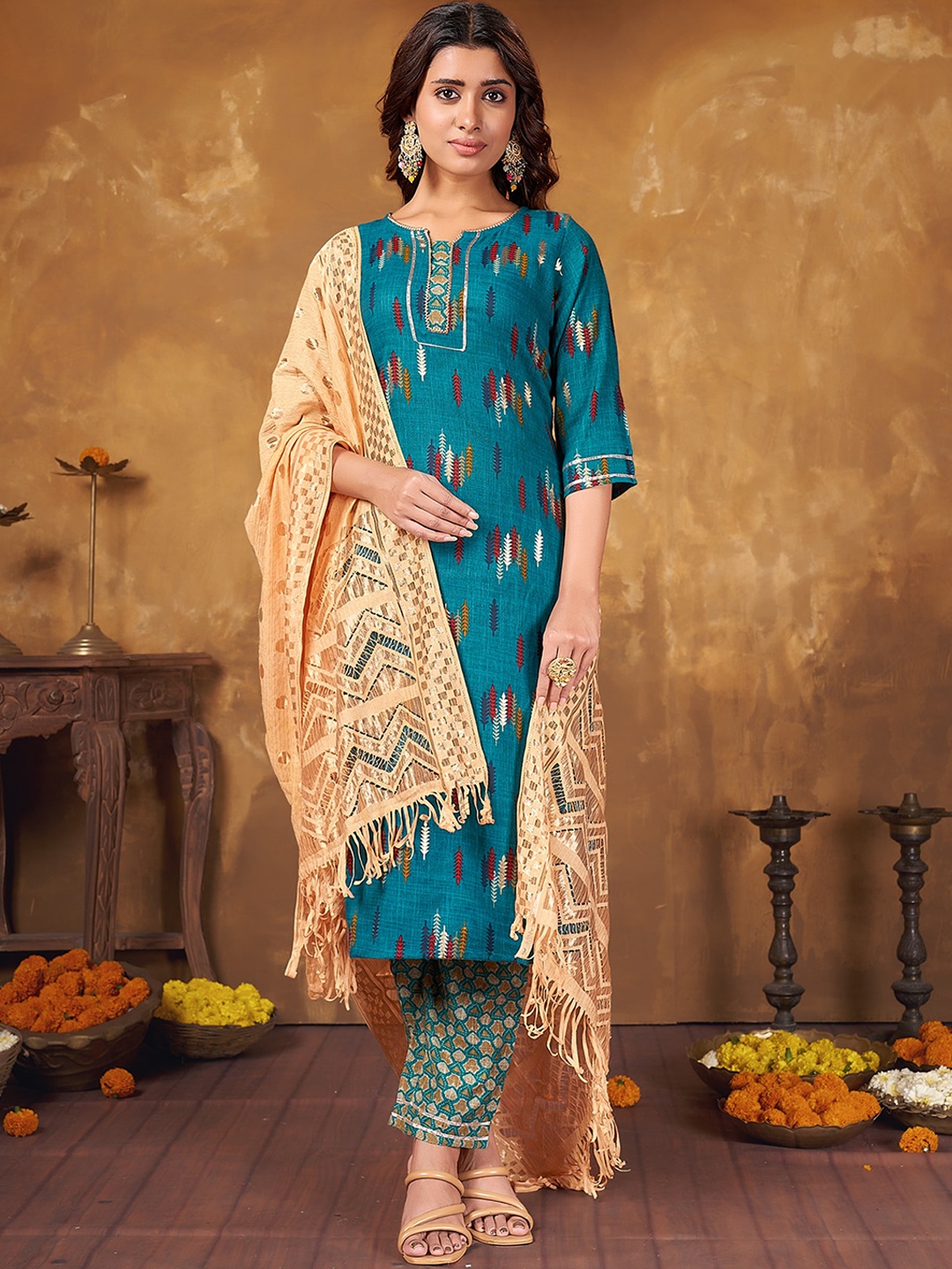 

Anubhutee Ethnic Motifs Printed Gotta Patti Kurta with Trousers & Dupatta, Blue