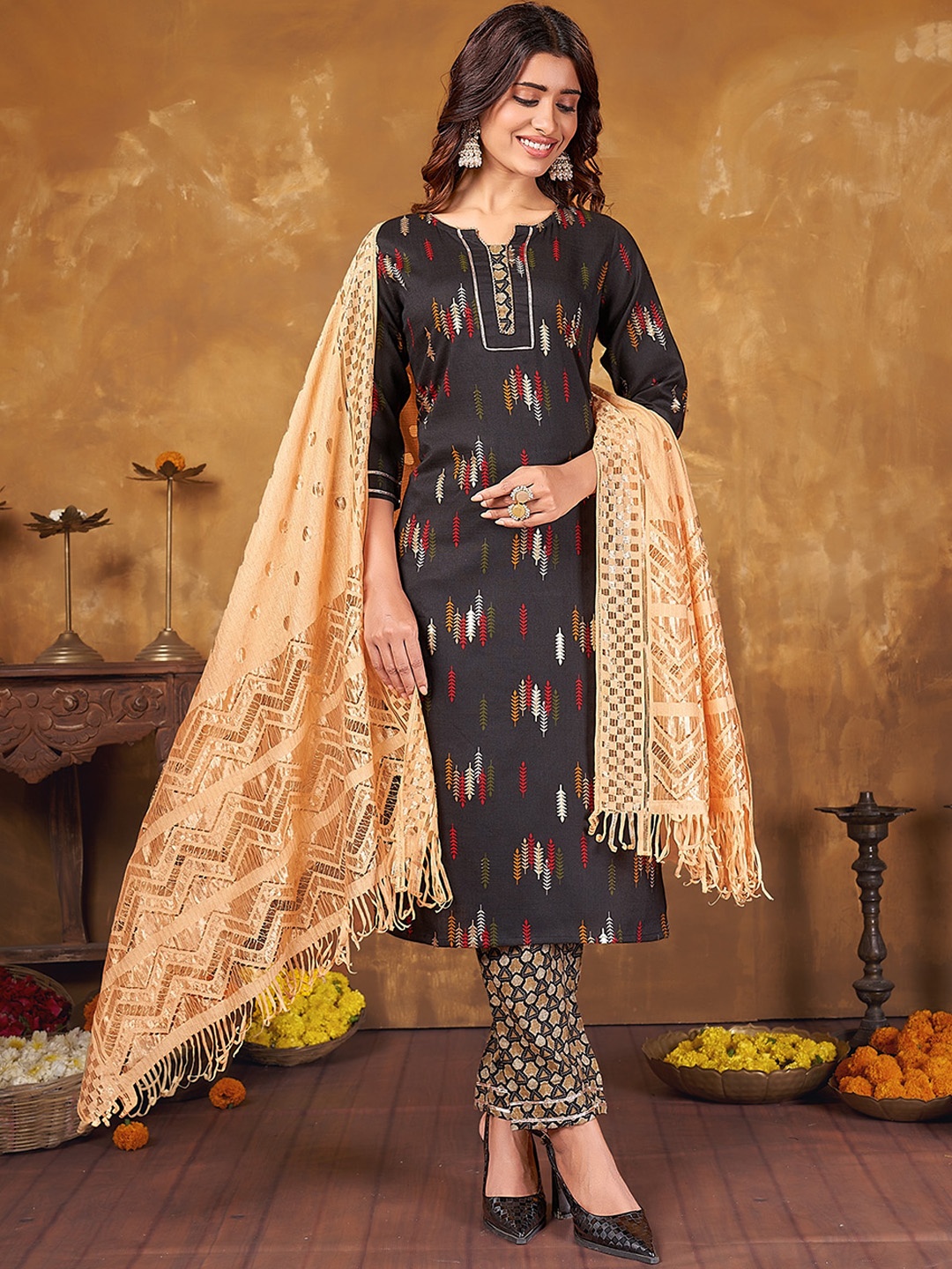 

Anubhutee Ethnic Motifs Printed Gotta Patti Kurta with Trousers & Dupatta, Black