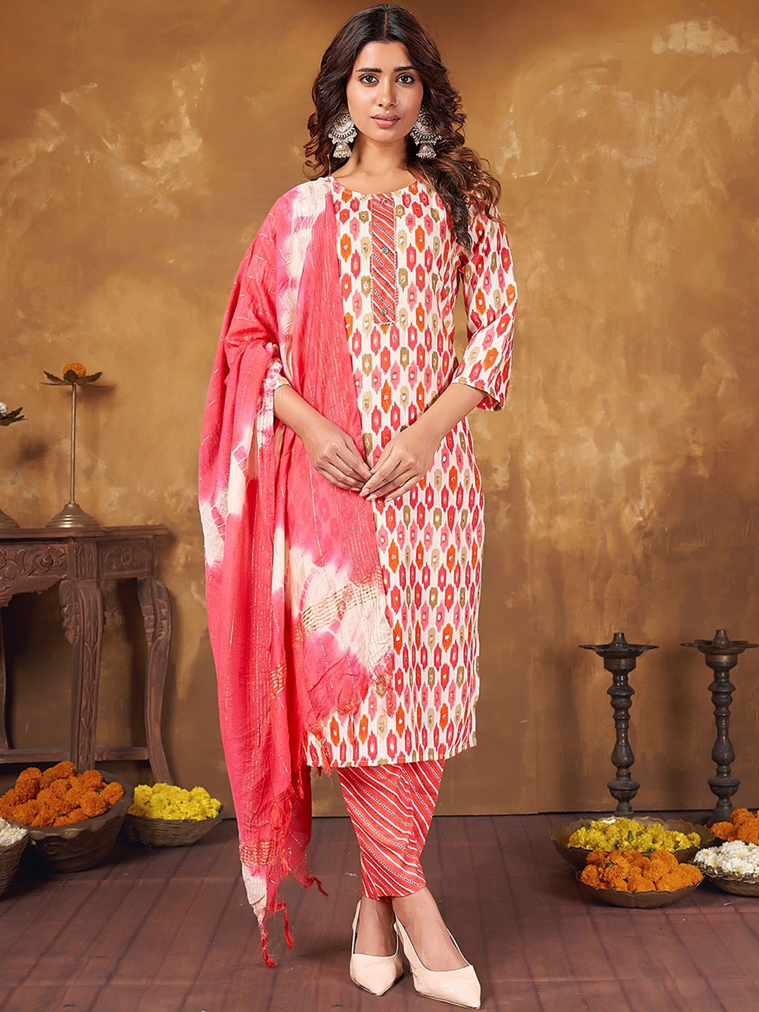 

Anubhutee Ethnic Motifs Printed Gotta Patti Kurta With Trousers & Dupatta, Peach