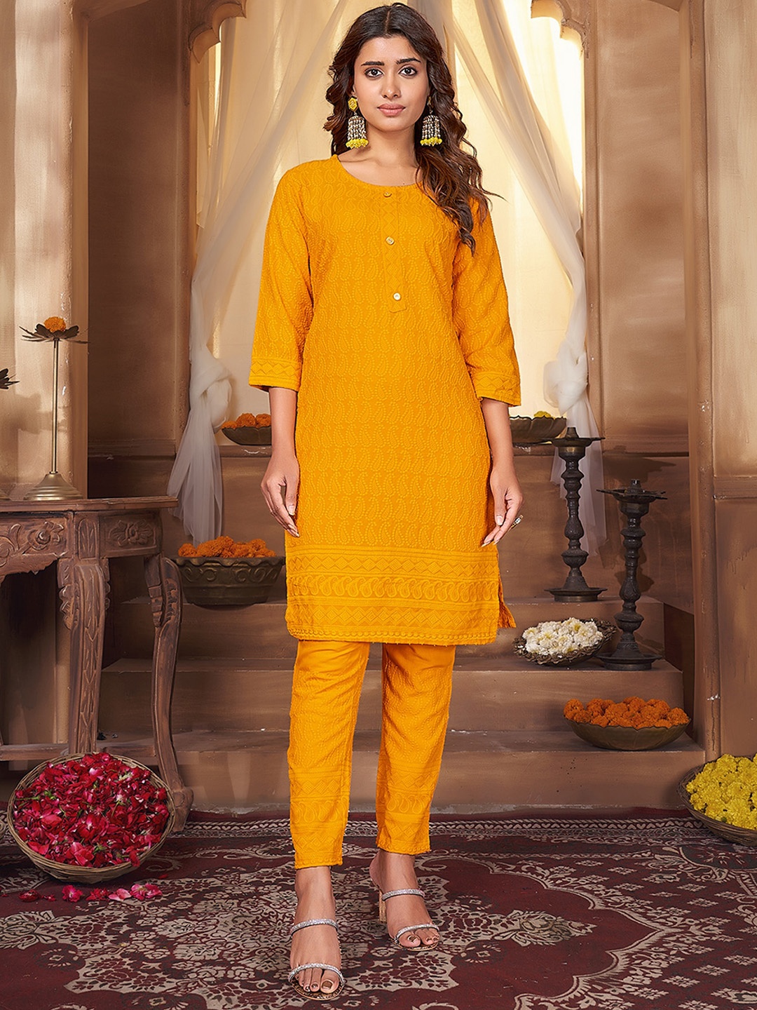 

Anubhutee Ethnic Motifs Embroidered Thread Work Kurta With Trousers, Mustard