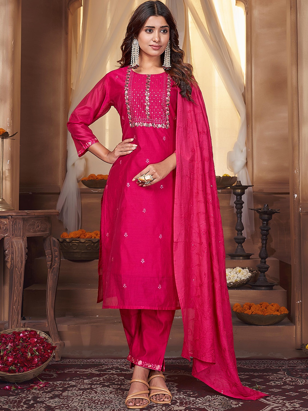 

Anubhutee Ethnic Motifs Embroidered Kurta & Trousers With Dupatta, Red