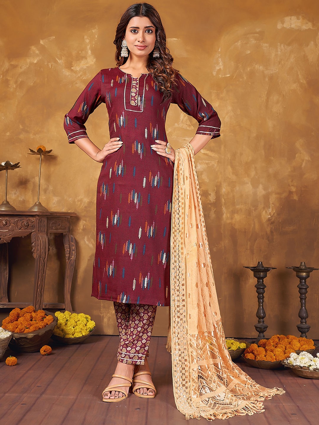 Anubhutee Ethnic Motifs Printed Regular Gotta Patti Kurta With Trousers 