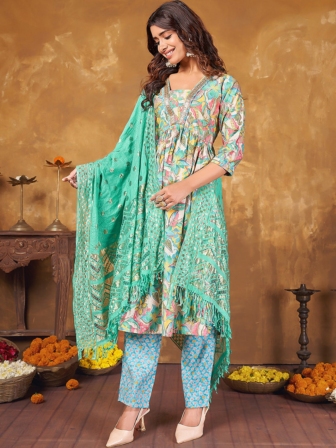 

Anubhutee Ethnic Motifs Printed A-Line Gotta Patti Kurta with Trousers & Dupatta, Sea green