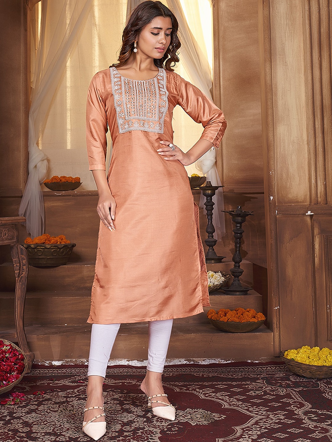 

Anubhutee Ethnic Motifs Yoke Design Sequinned Kurta, Beige