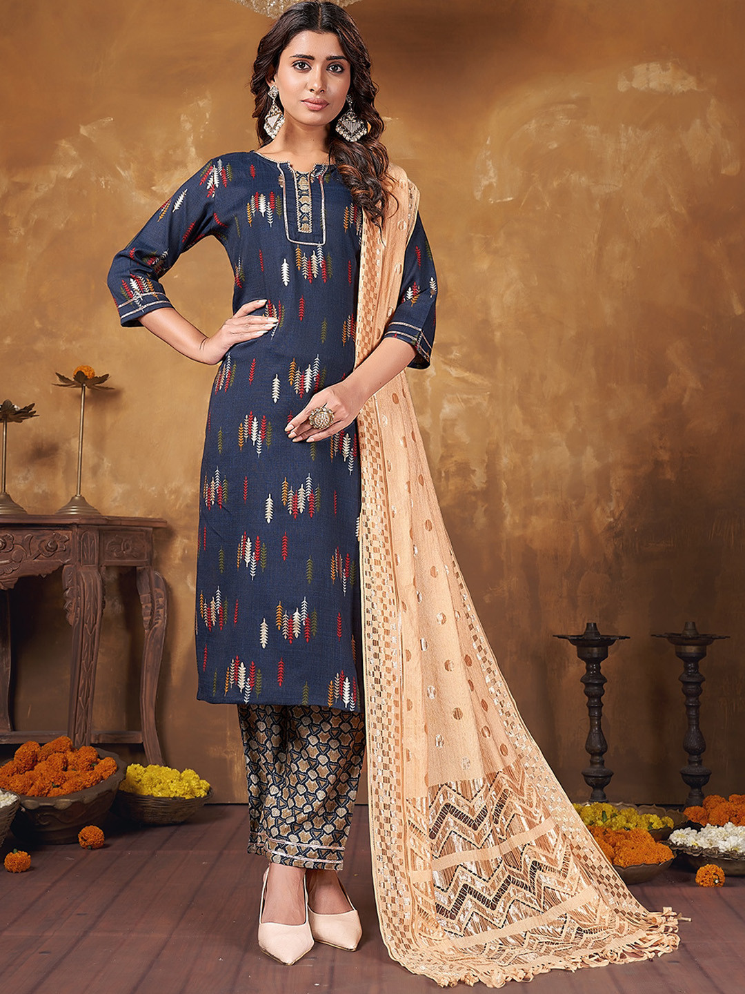 

Anubhutee Ethnic Motifs Embroidered Regular Gotta Patti Kurta with Trousers & With Dupatta, Blue