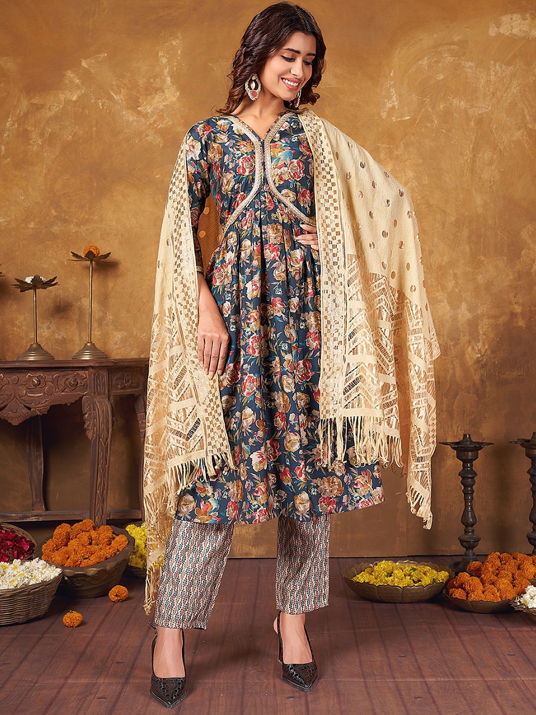 

Anubhutee Floral Printed Gotta Patti A-Line Kurta with Trousers & Dupatta, Navy blue