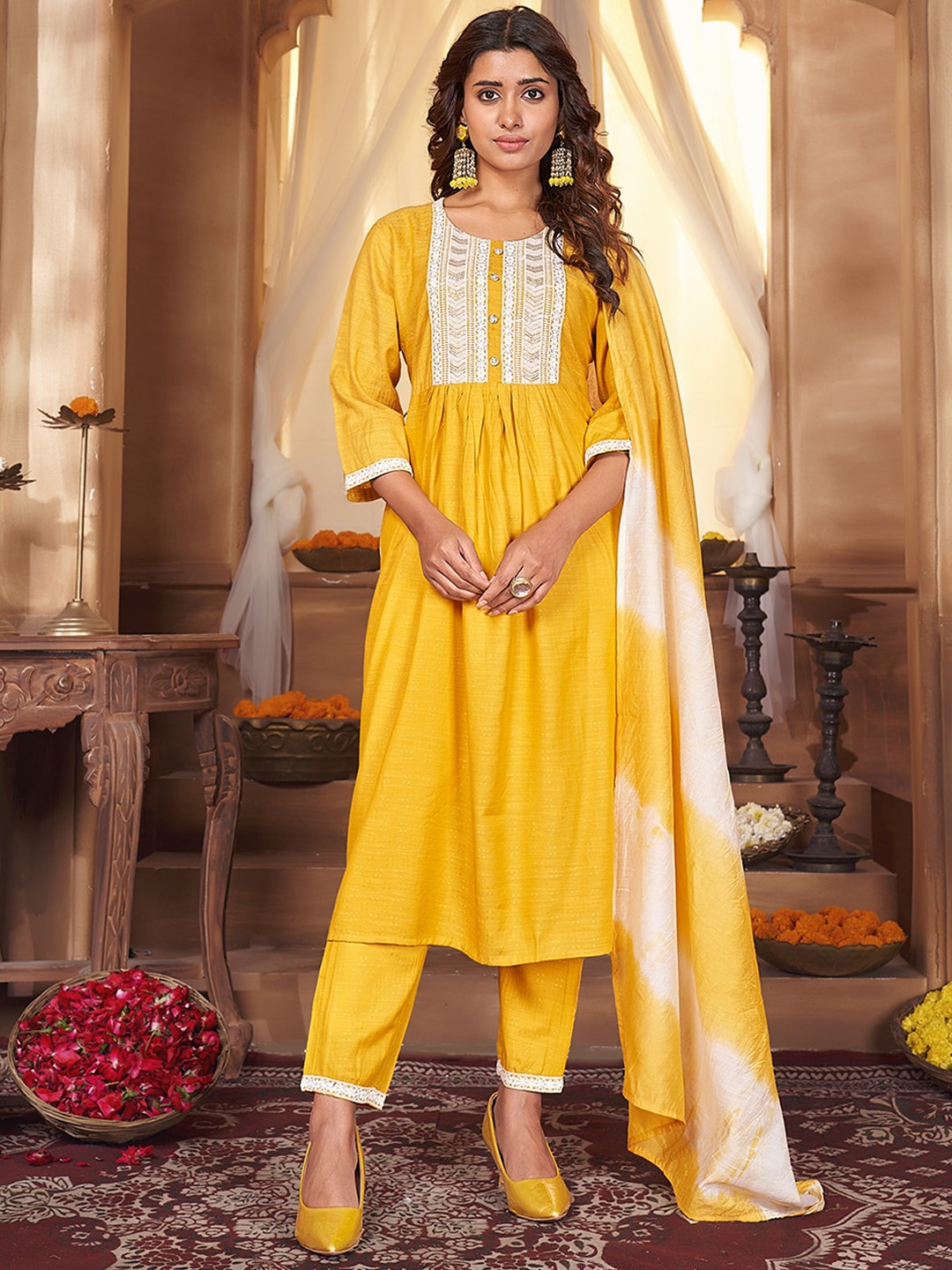 

Anubhutee Ethnic Motifs Embroidered A-line Kurta With Trousers & Dupatta, Yellow