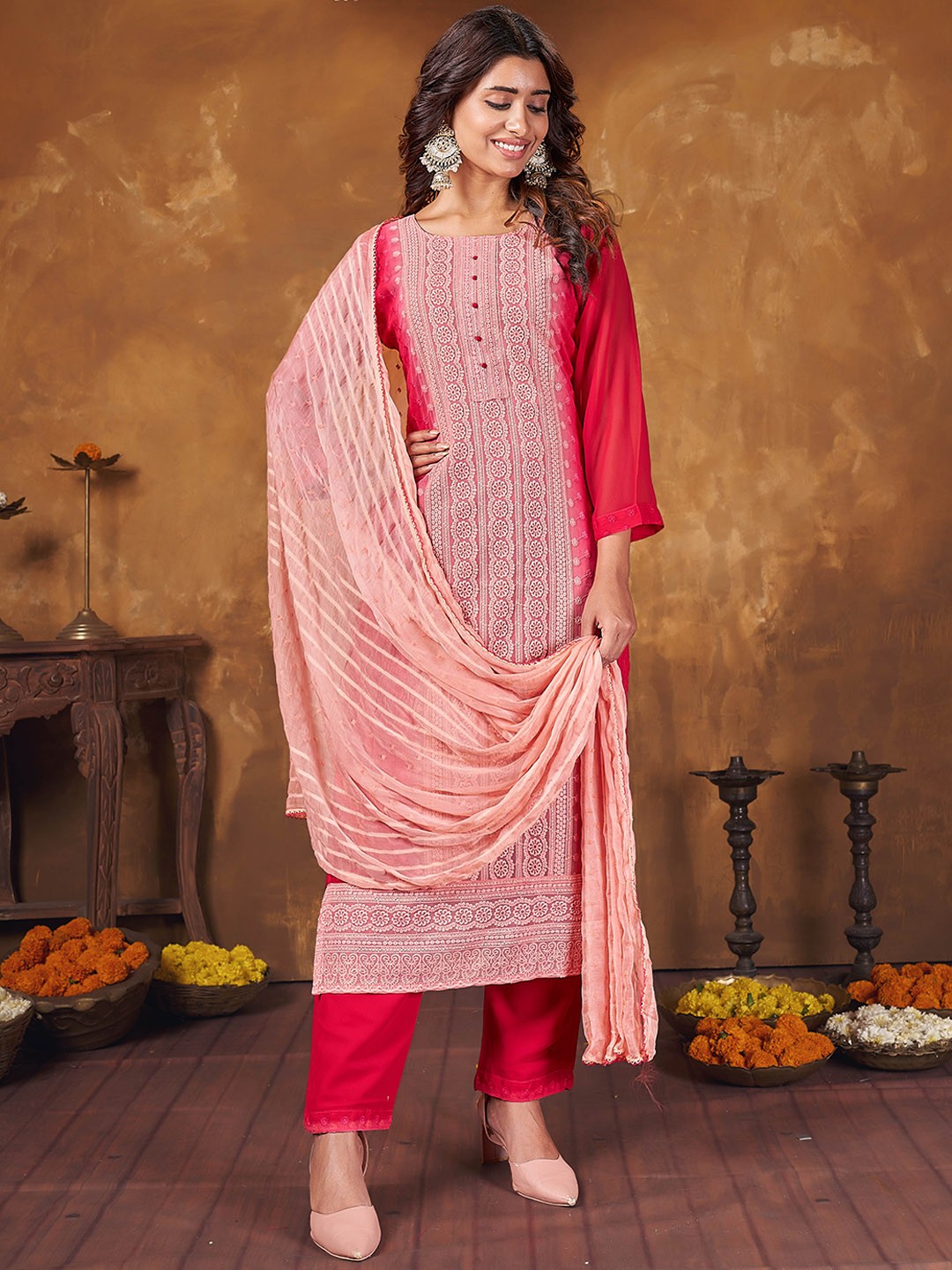 

Anubhutee Ethnic Motifs Embroidered Thread Work Georgette Kurta With Trousers & Dupatta, Red