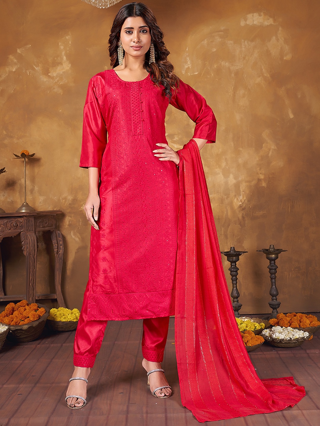 

Anubhutee Ethnic Motifs Embroidered Kurta with Trousers & With Dupatta, Red