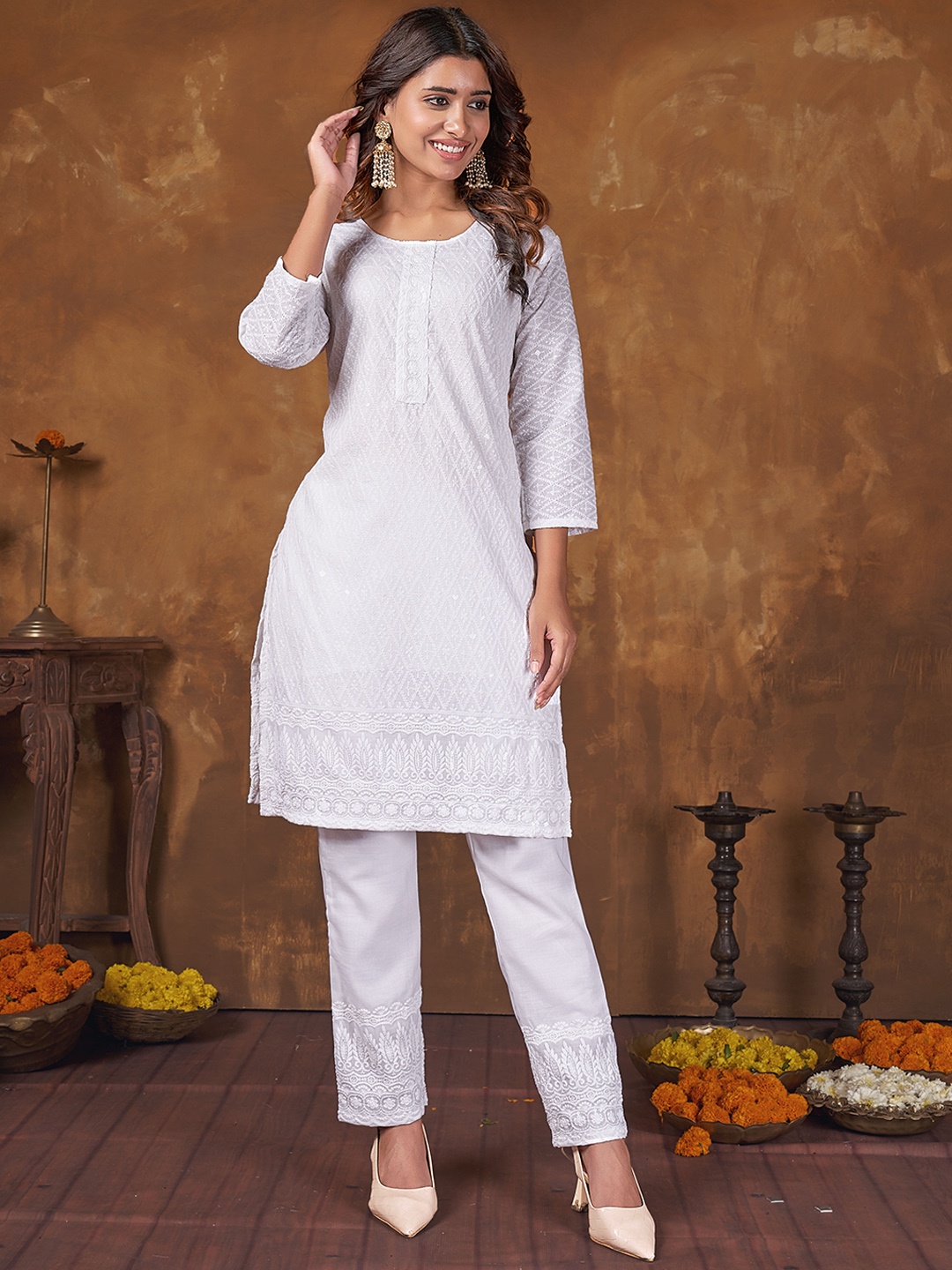 

Anubhutee Embroidered Regular Thread Work Pure Cotton Kurta & Trousers, White