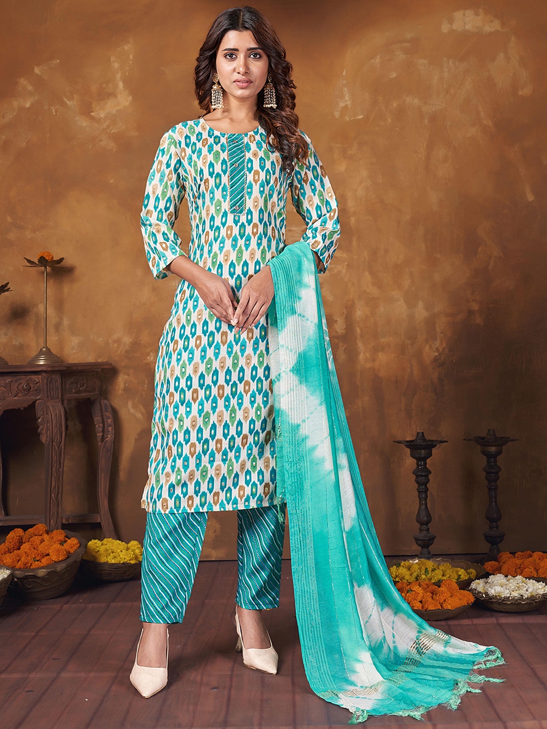 

Anubhutee Ethnic Motifs Printed Regular Gotta Patti Kurta With Trousers & Dupatta, Blue