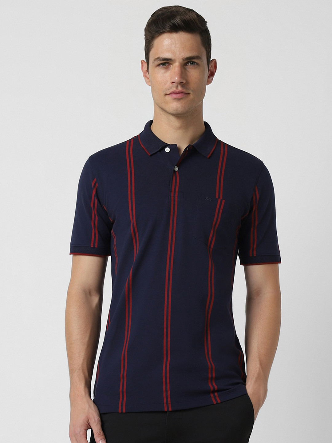 

Peter England Casuals Striped Polo Collar Short Sleeves T-shirt, Navy blue