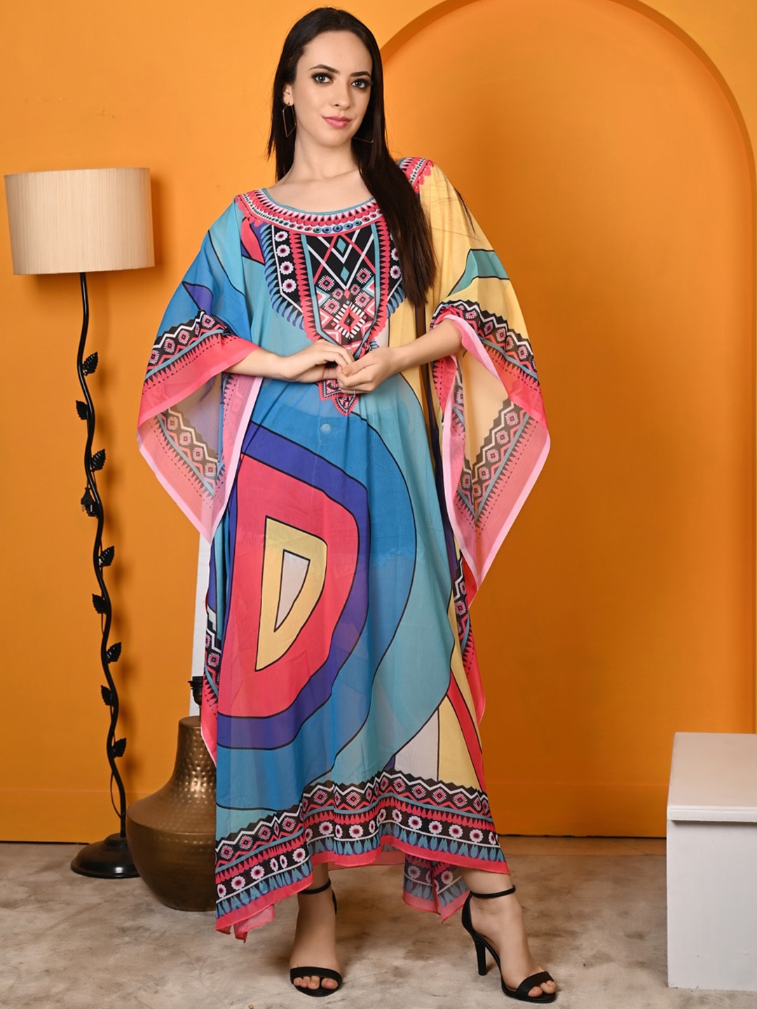 

Rajoria Instyle Abstract Printed Crepe Kaftan Swim Cover Up Dress, Blue