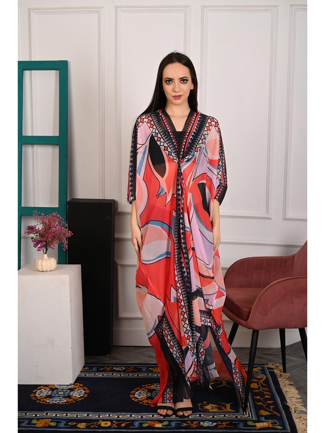 

Rajoria Instyle Absatrct Printed Crepe Kaftan Midi Dress, Orange