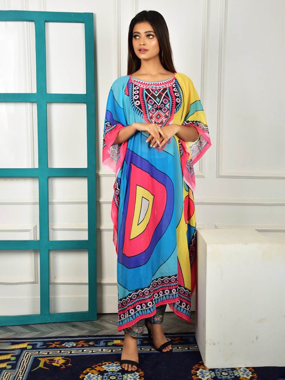 

Rajoria Instyle Abstract Printed Crepe Kaftan Swim Cover Up Dress, Blue