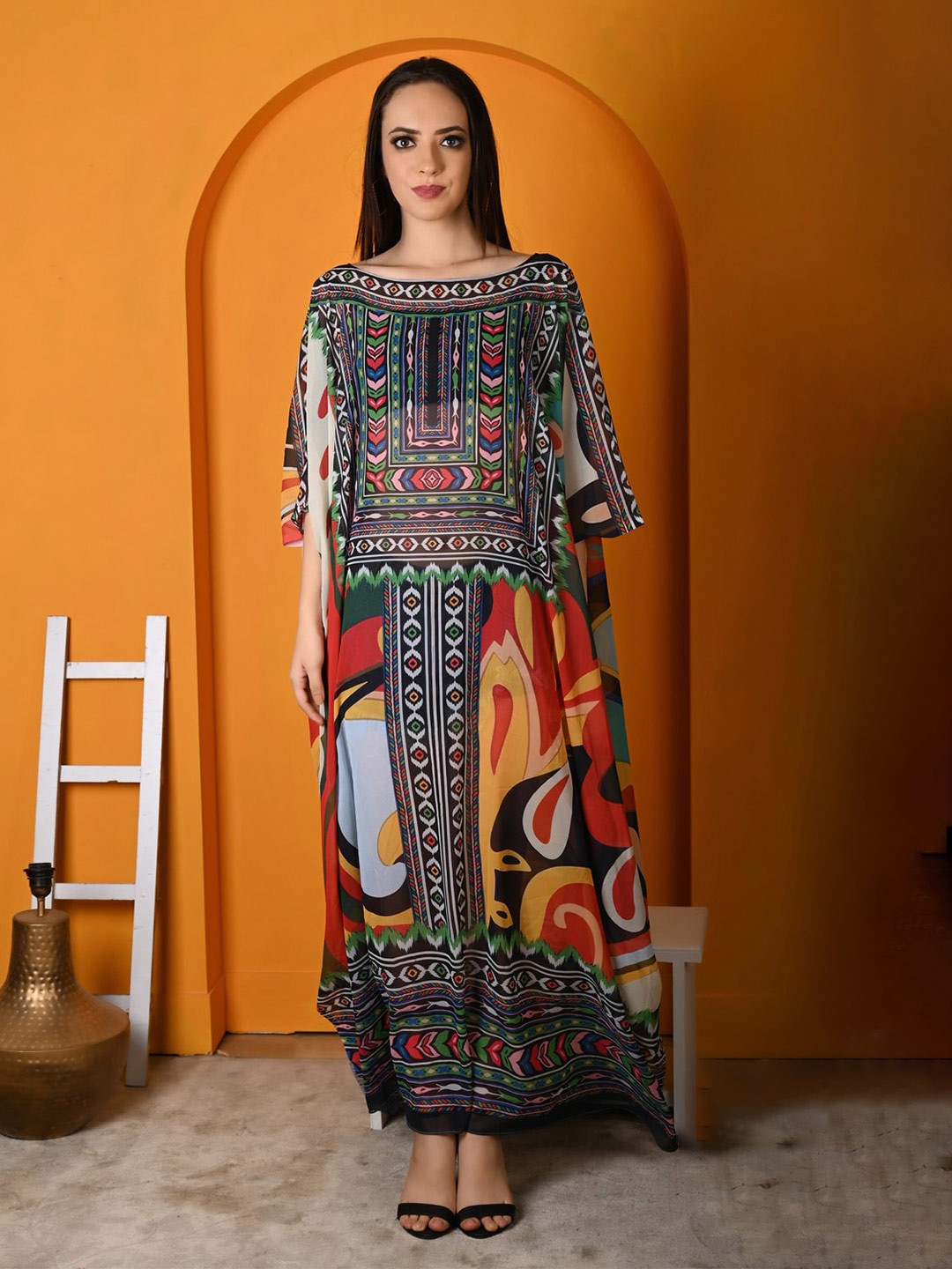 

Rajoria Instyle Abstract Printed Crepe Kaftan Swim Cover Up Dress, Black