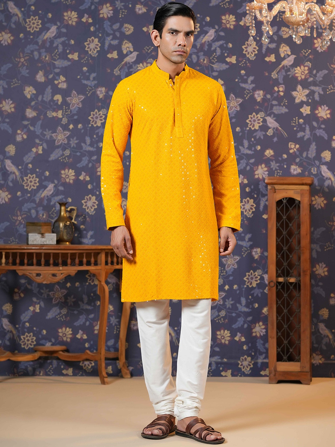 

House of Pataudi Mustard Yellow Ethnic Motifs Embroidered Straight Kurta With Churidar