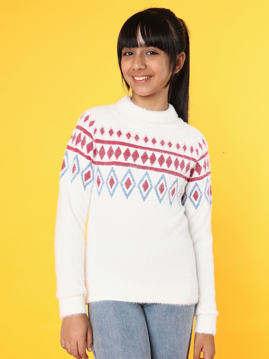 

Natilene Girls Geometric Self Design Pullover Sweater, White