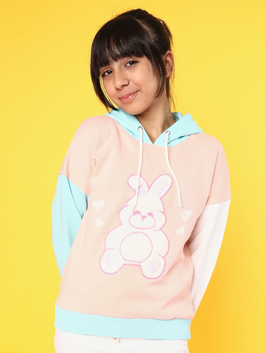 

Natilene Girls Colourblocked Applique Jacquard Fleece Antimicrobial Pullover Sweatshirt, Peach