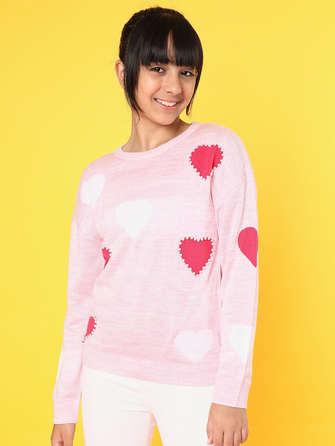 

Natilene Girls Graphic Self Design Pullover Sweater, Pink