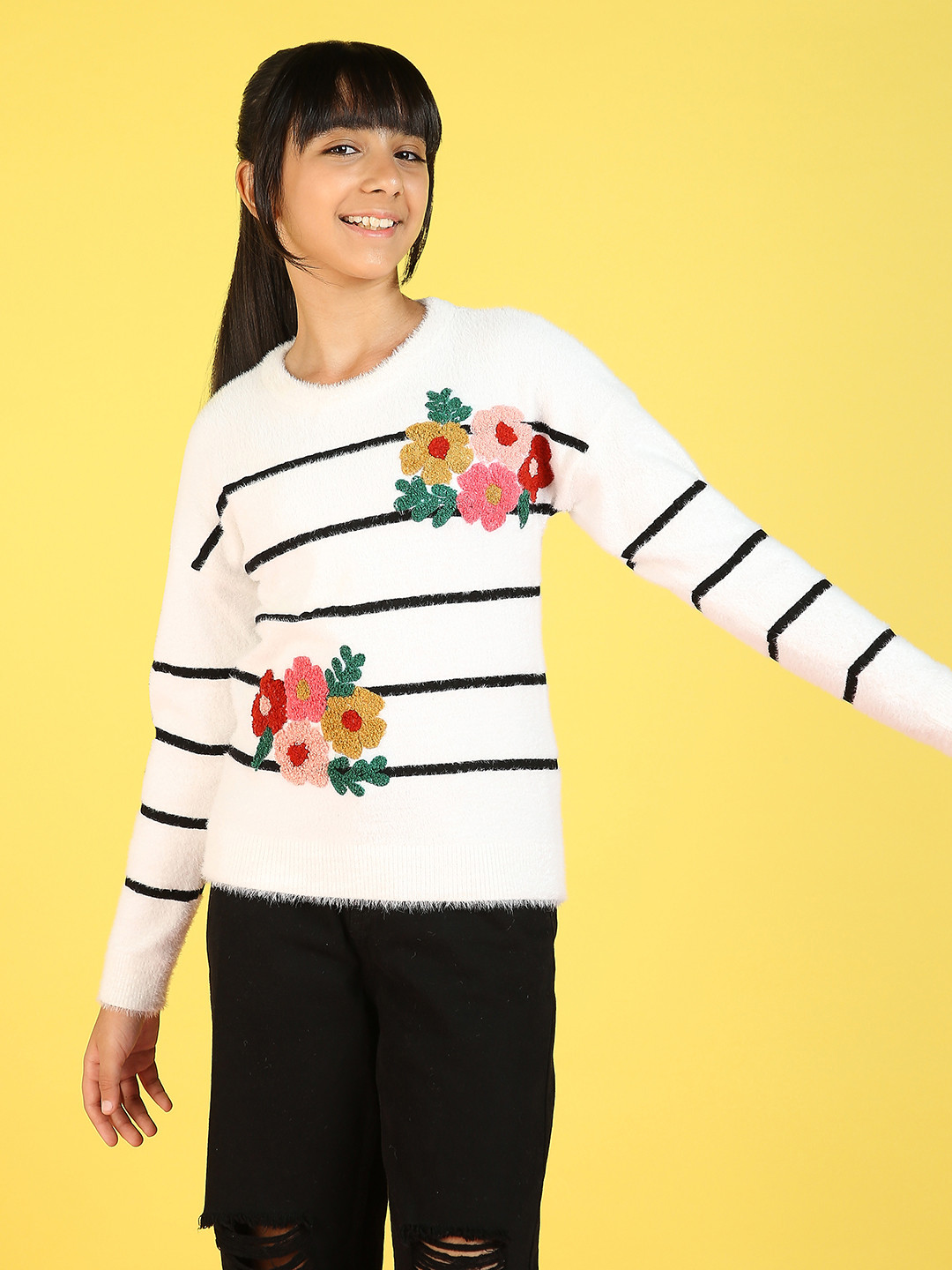 

Natilene Girls Striped Embroidered Detail Pullover Sweater, White