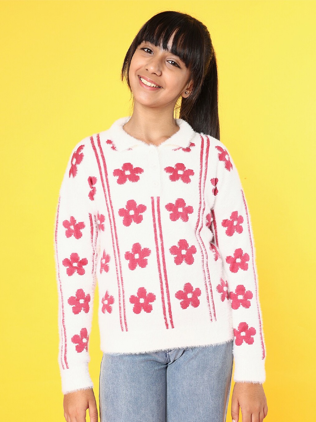 

Natilene Girls Floral Self Design Ribbed Pullover Sweater, White