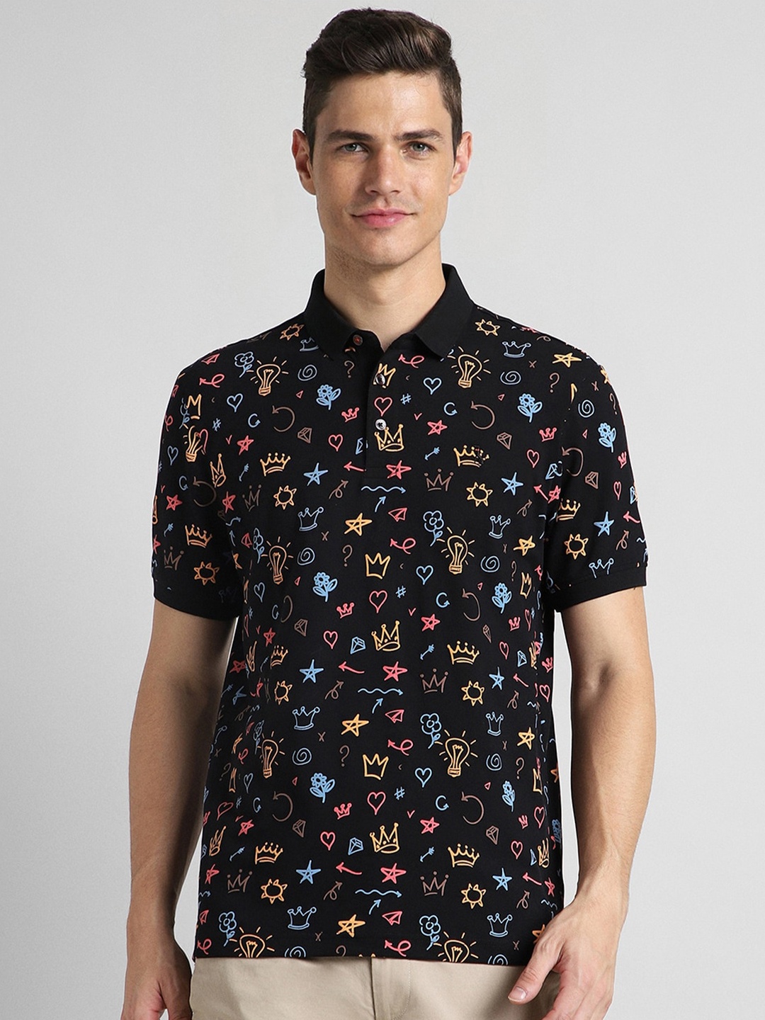 

SIMON CARTER LONDON Conversational Printed Polo Collar Slim Fit T-shirt, Black