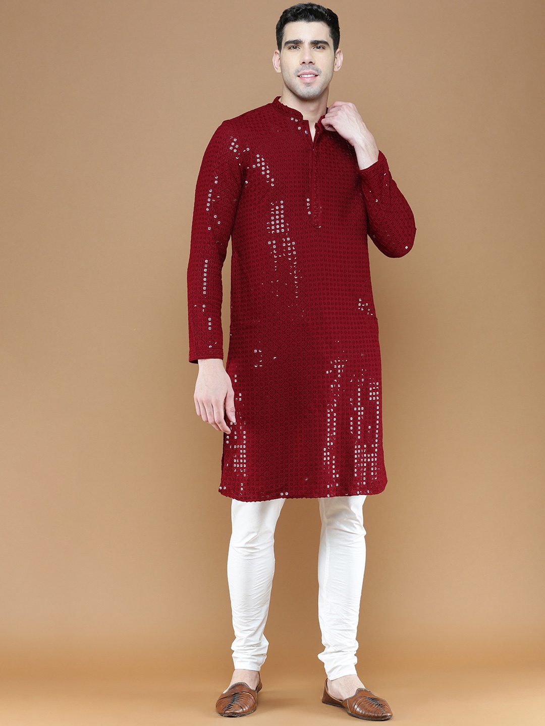 

Sanwara Ethnic Motifs Embroidered Mandarin Collar Sequinned Kurta With Churidar, Maroon