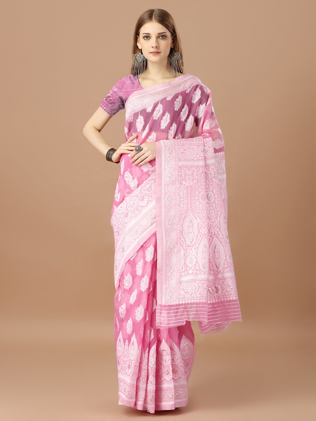 

MAGMINA Ethnic Motifs Woven Design Banarasi Saree, Pink