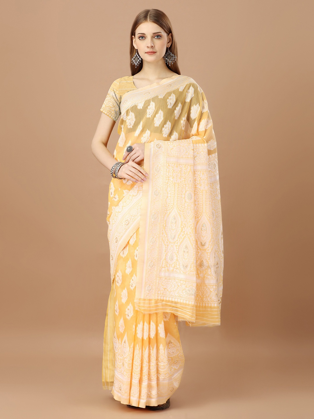 

MAGMINA Ethnic Motifs Woven Design Banarasi Saree, Yellow
